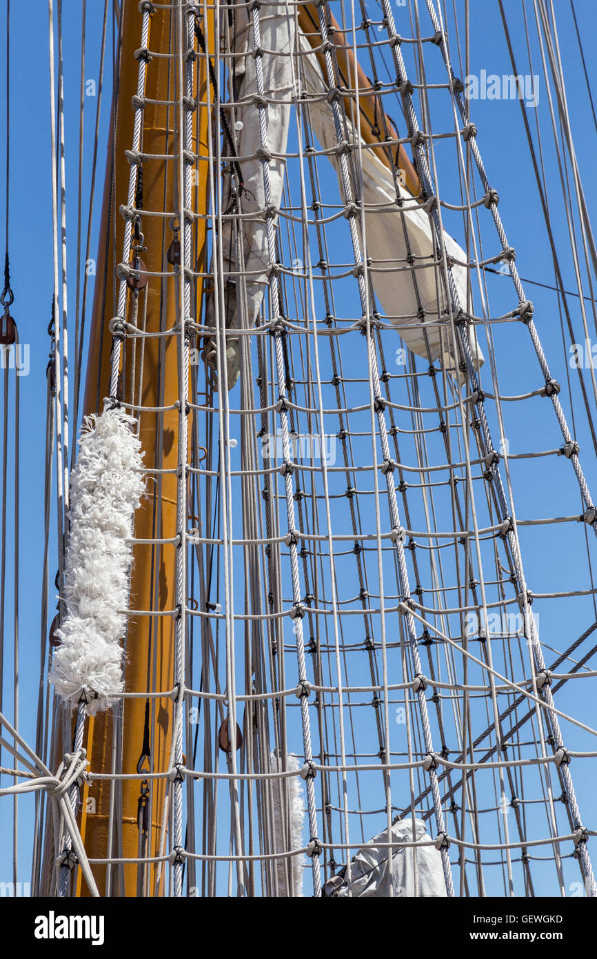 details equipment of ship on deck. different elements sailboat rigging Stock Photo