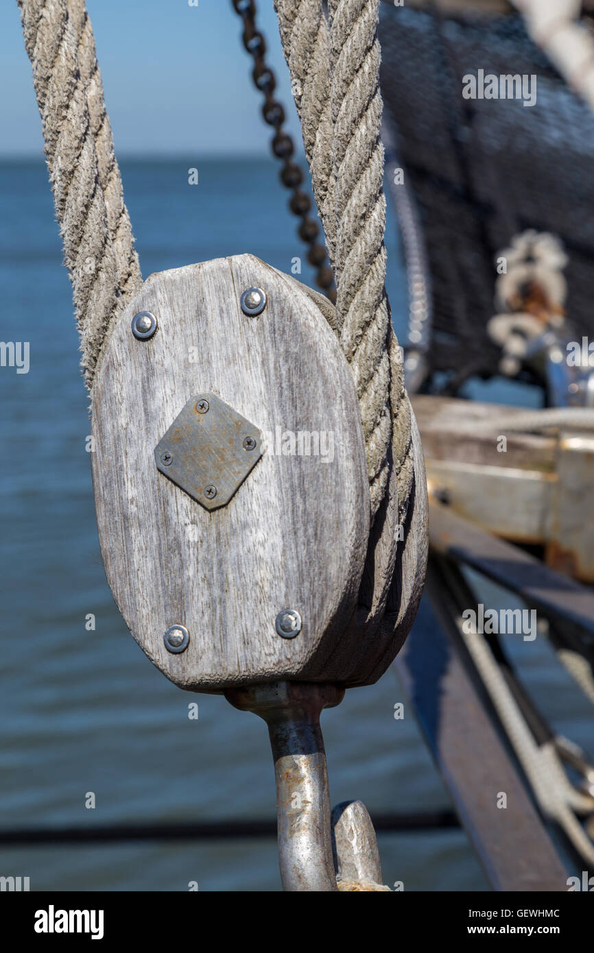details equipment of ship on deck. different elements sailboat rigging