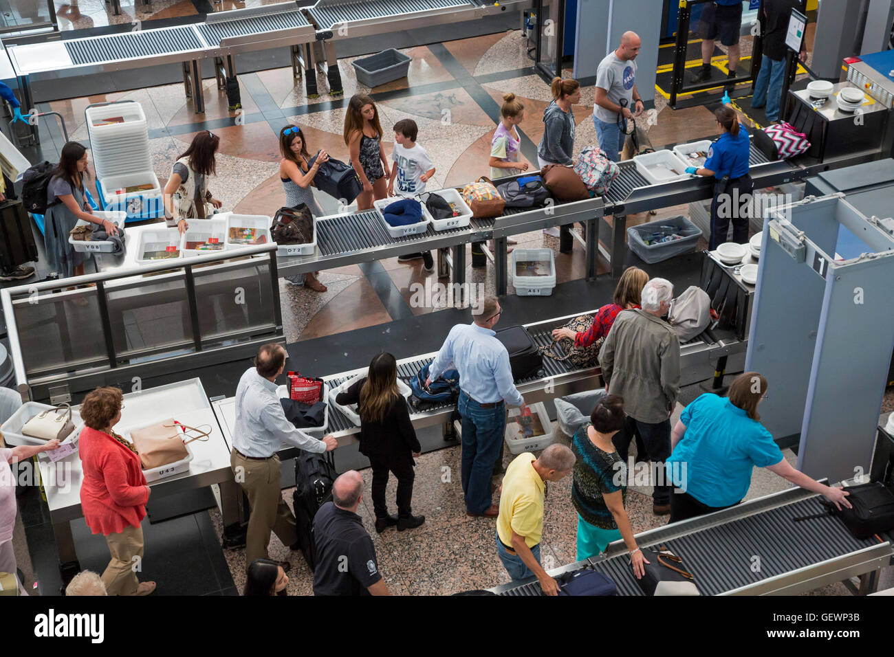 Denver, Colorado - Security screening of passengers at Denver International Airport. Stock Photo