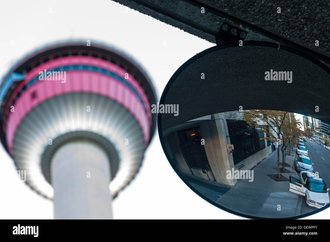 Calgary Tower adjacent to a convex mirror Stock Photo Alamy
