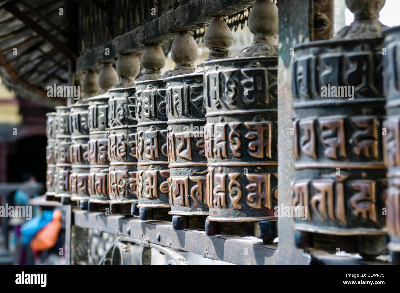 Prayer wheels at the Swayambhunath Temple Stock Photo - Alamy