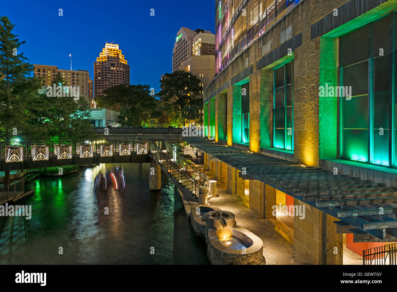 Brightly lit buildings in San Antonio at sunset. Stock Photo