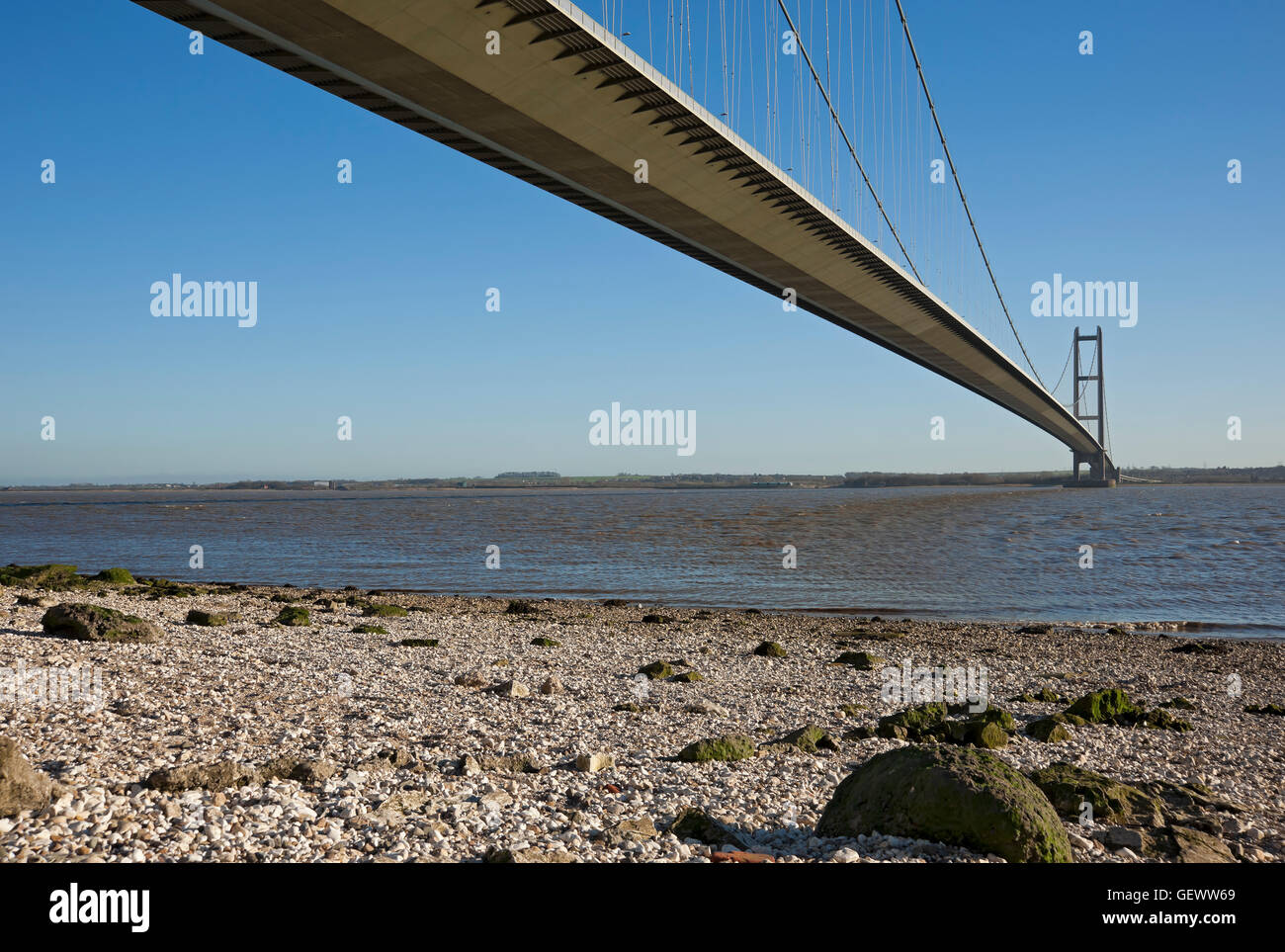The Humber Bridge which is a single span suspension bridge connecting East Yorkshire with North Lincolnshire near to Hull. Stock Photo