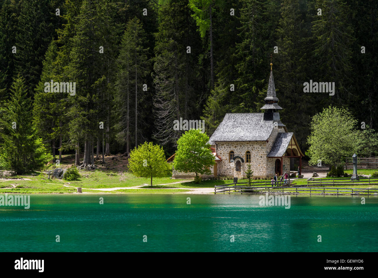 Lake Braies or Pragser Wildsee with Marienkapelle chapel, South Tyrol, Italy Stock Photo