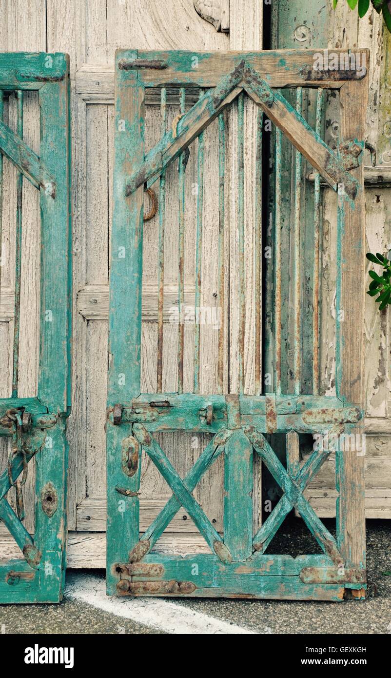 Rustic Blue Shabby Chic Cupboard Doors With Metal Hardware And Slats Stock Photo Alamy