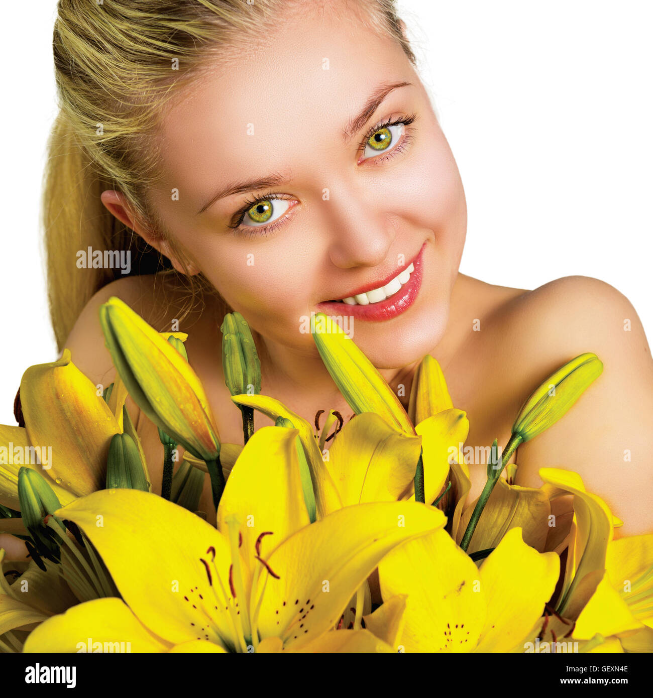 Portrait of a beautiful young woman with flowers Stock Photo