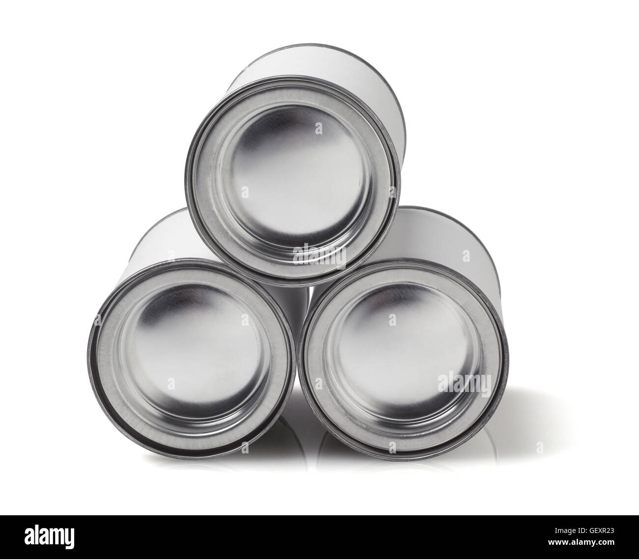 Stack of Tin Cans Lying on White Background Stock Photo