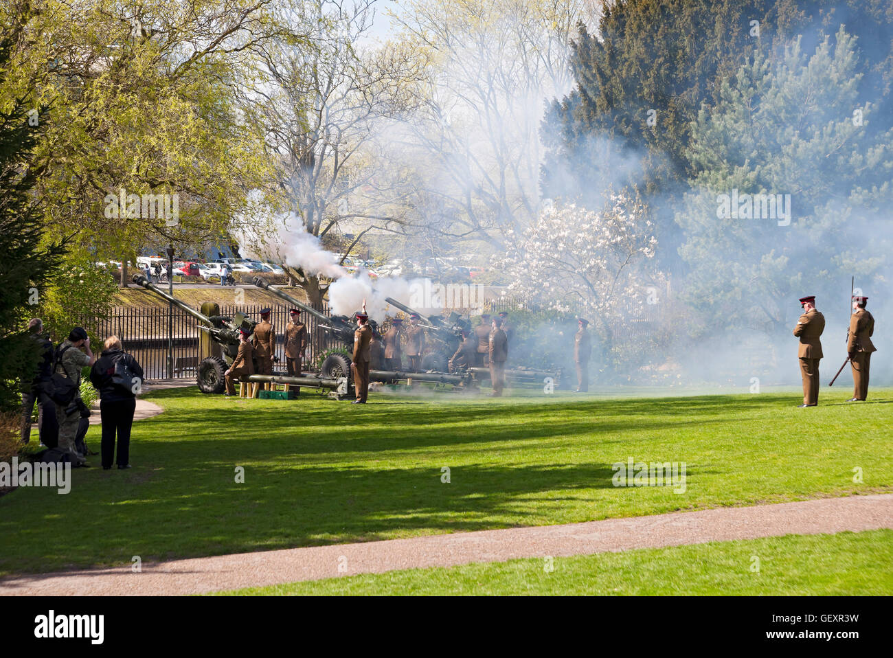 Royal Salute to celebrate the 90th birthday of  Queen Elizabeth II Museum Gardens. Stock Photo