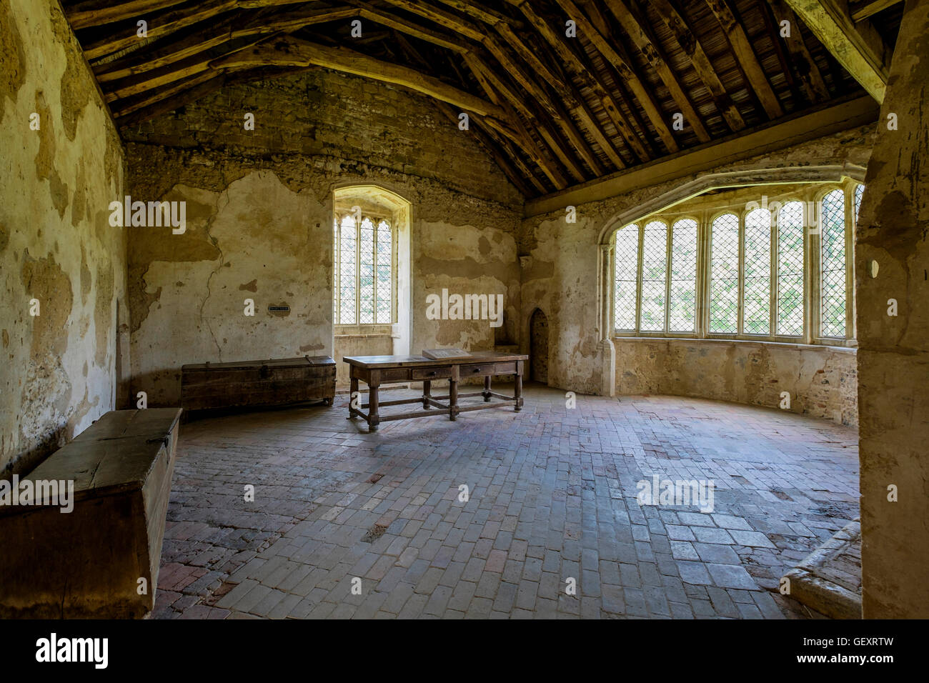 An interior room in the ruins of Castle Acre Priory. Stock Photo