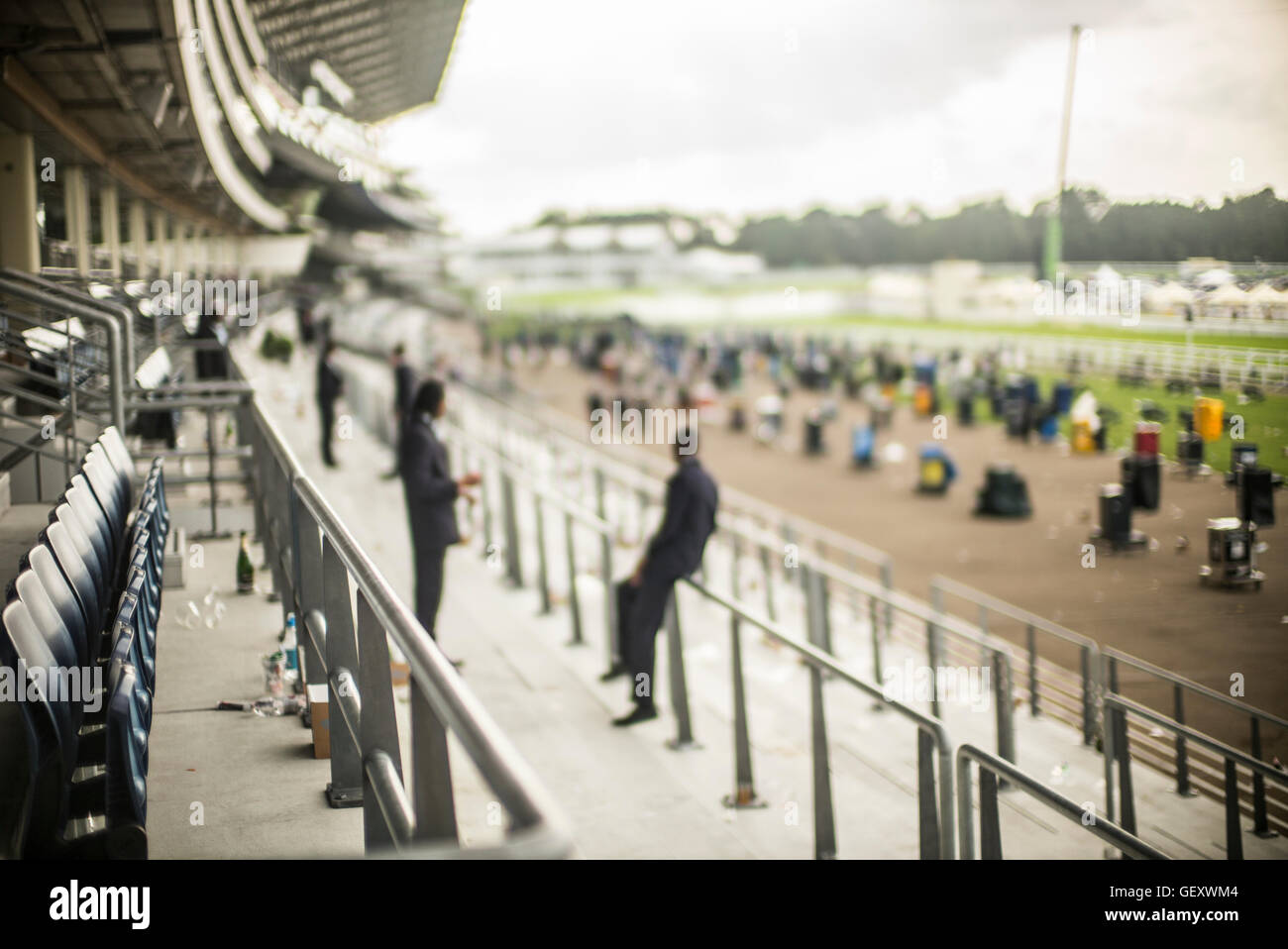 The grandstand nearly empty on Ladies Day at Ascot Racecourse. Stock Photo