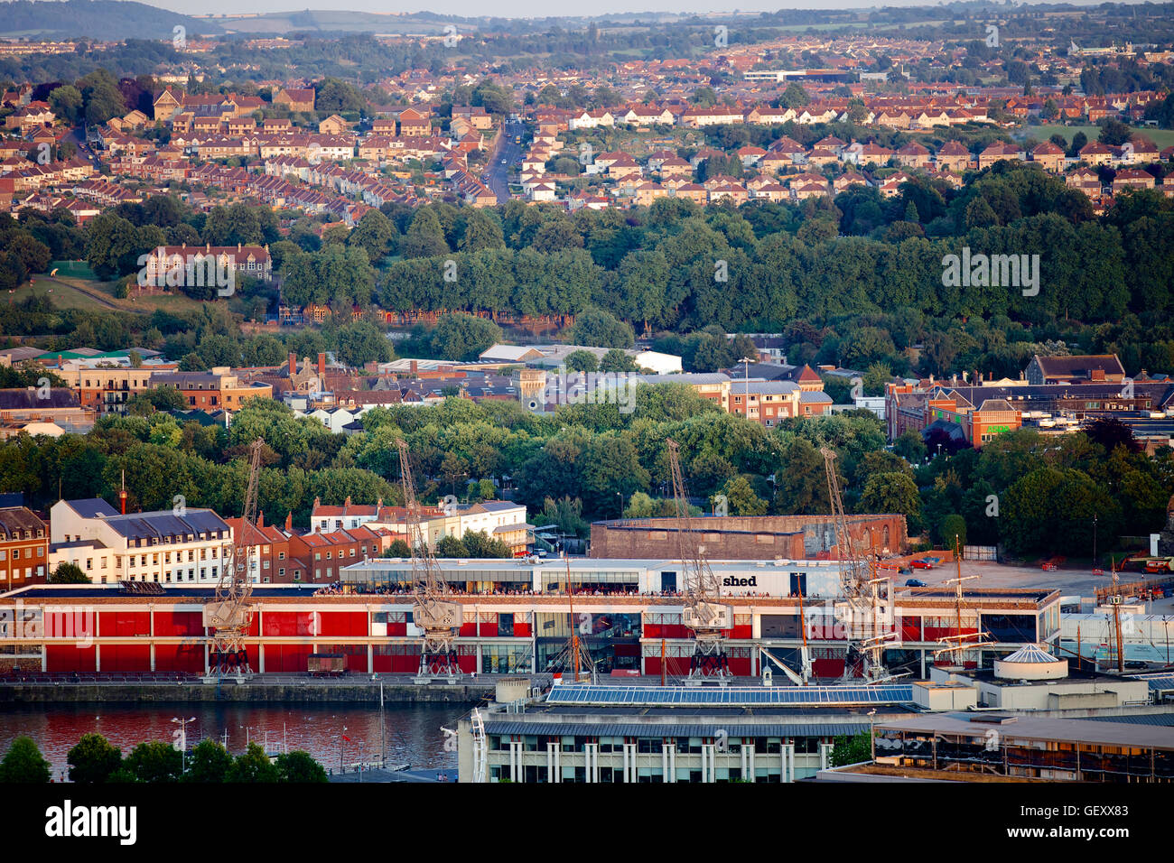 Cityscape of Bristol with M Shed museum and the floating harbour viewed from Cabot Tower. Stock Photo