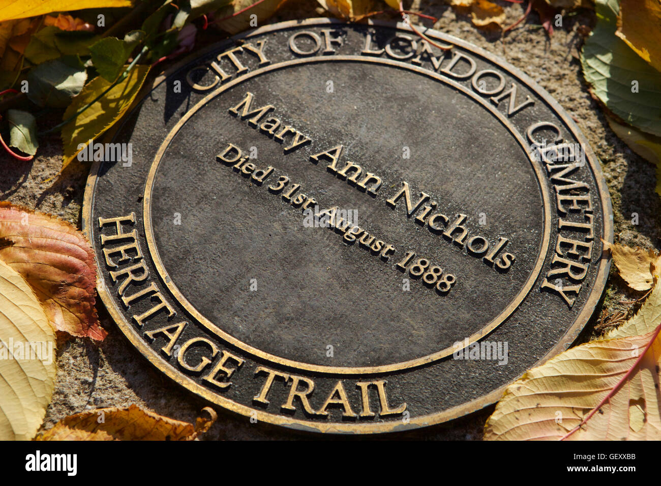 Memorial marker of Mary Ann Nichols who was a victim of Jack the Ripper at City of London Cemetery. Stock Photo
