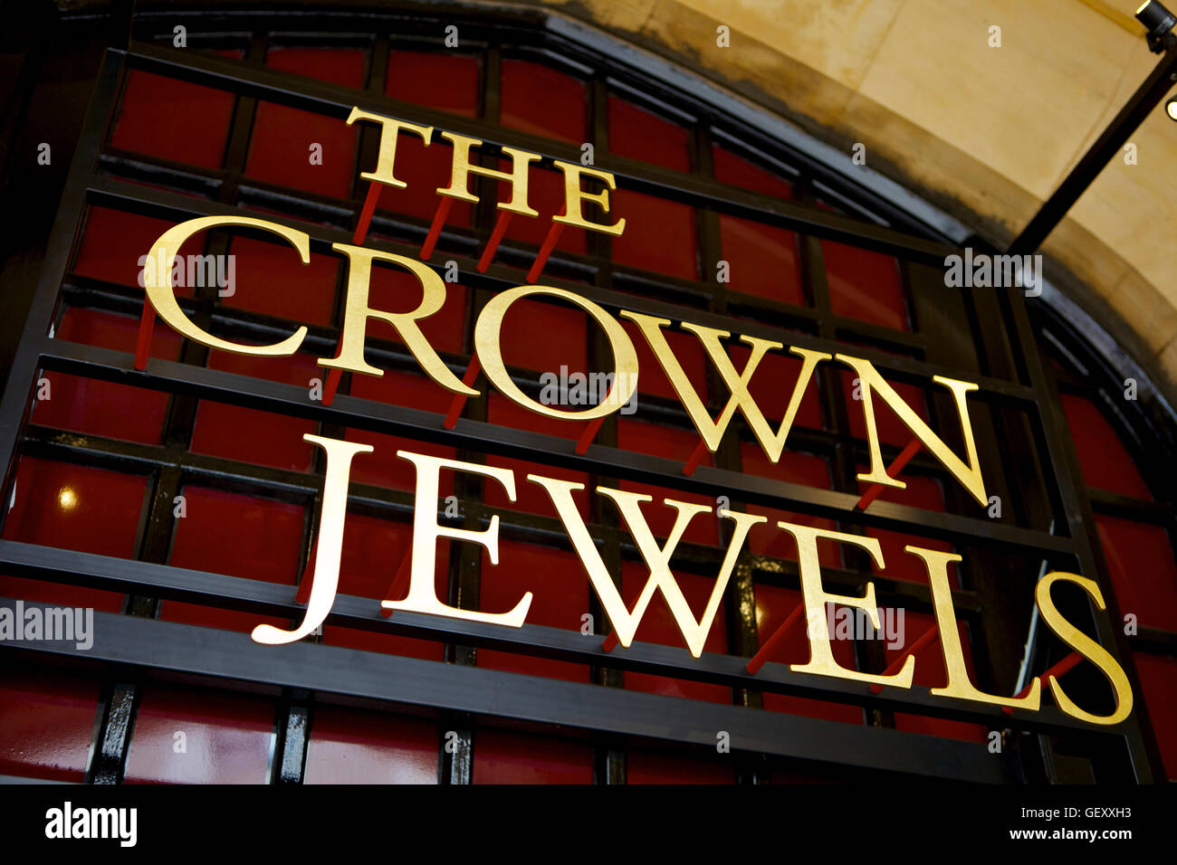 Crown Jewels sign at the entrance to the Jewel House in the Tower of London. Stock Photo