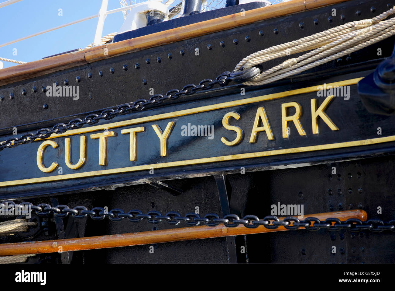 The Cutty Sark is a British tea clipper ship built in 1869 and moored near the Thames at Greenwich in London. Stock Photo