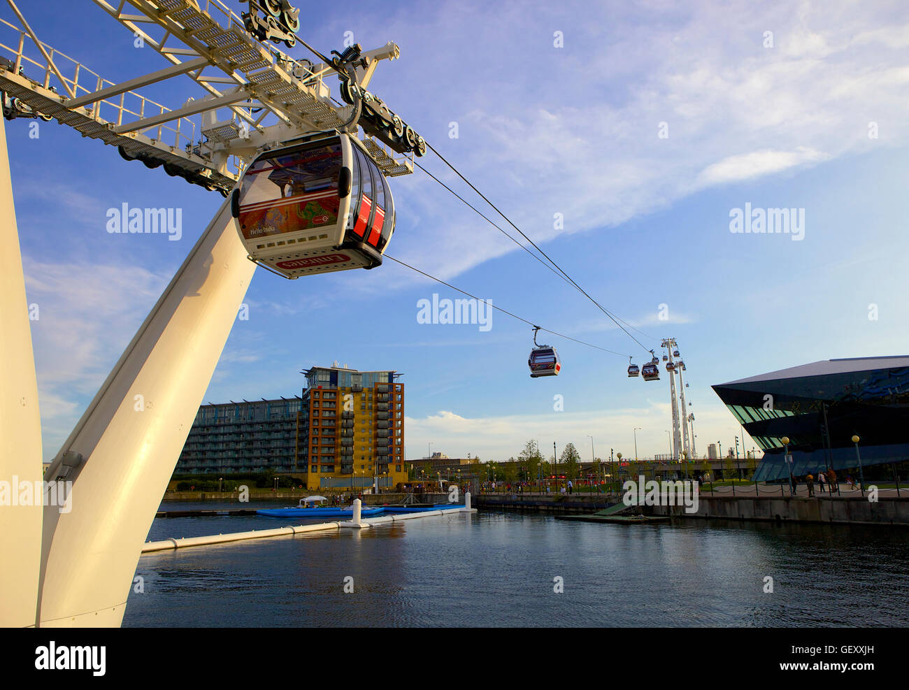 Emirates Air Line cable car across the river Thames viewed from the