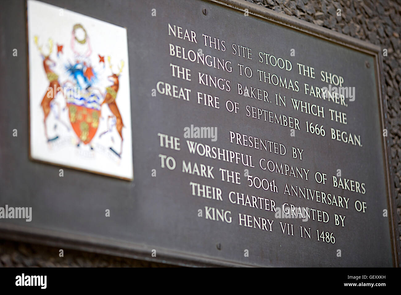 Plaque marking the spot of the Pudding Lane bakers shop where the Great