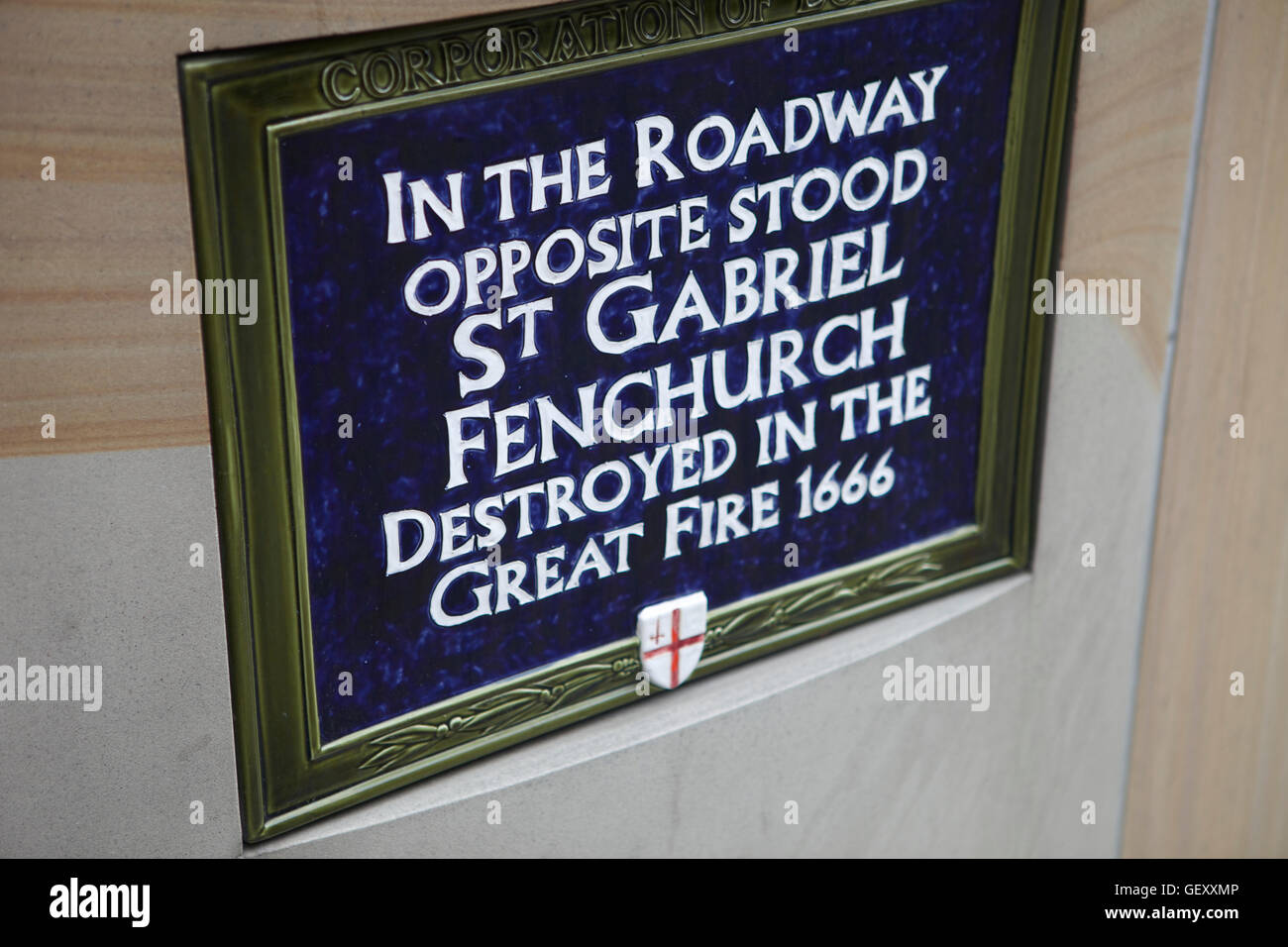 Plaque to St Gabriel Fenchurch which was destroyed in the Great Fire of London in 1666. Stock Photo