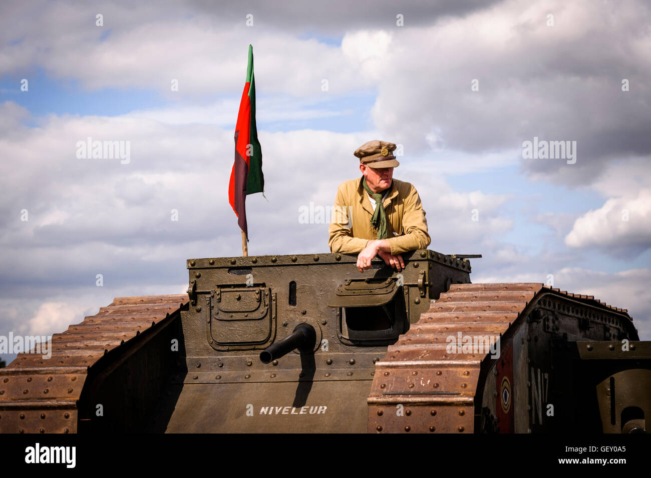 Posing in a N17 Niveleur WW1 Mk lV Tank replica at The 6th Annual Combined Ops Show. Stock Photo