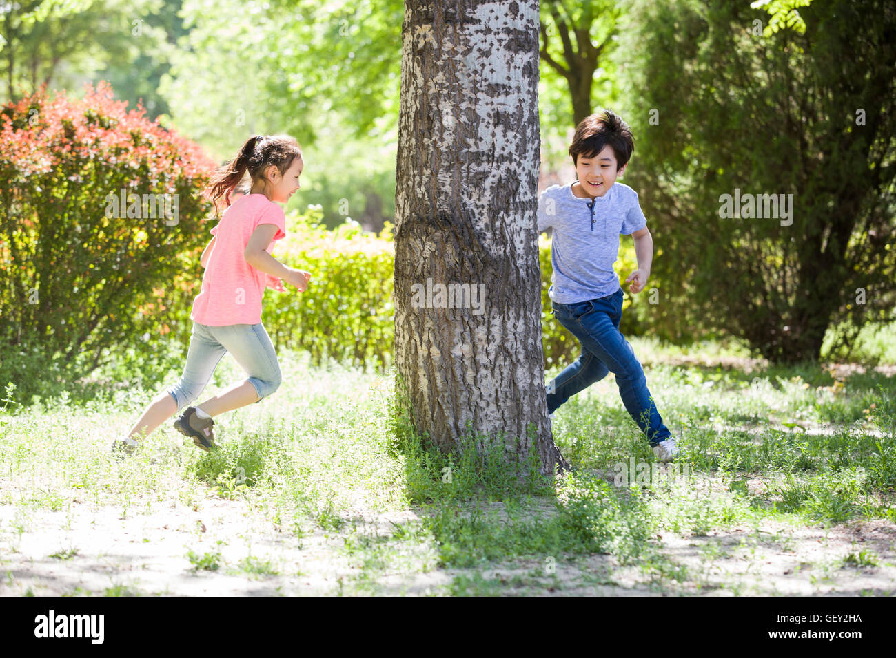 Happy Chinese children playing in woods Stock Photo - Alamy