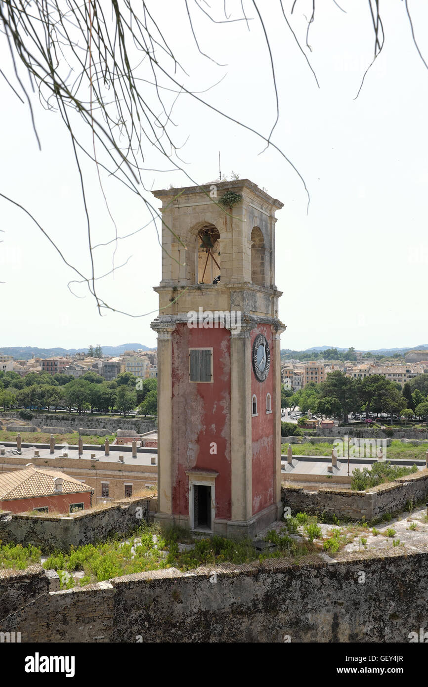 Clock tower in the Old Fortress, Corfu, Ionian Islands, Greek Island, Greece, Europe Stock Photo