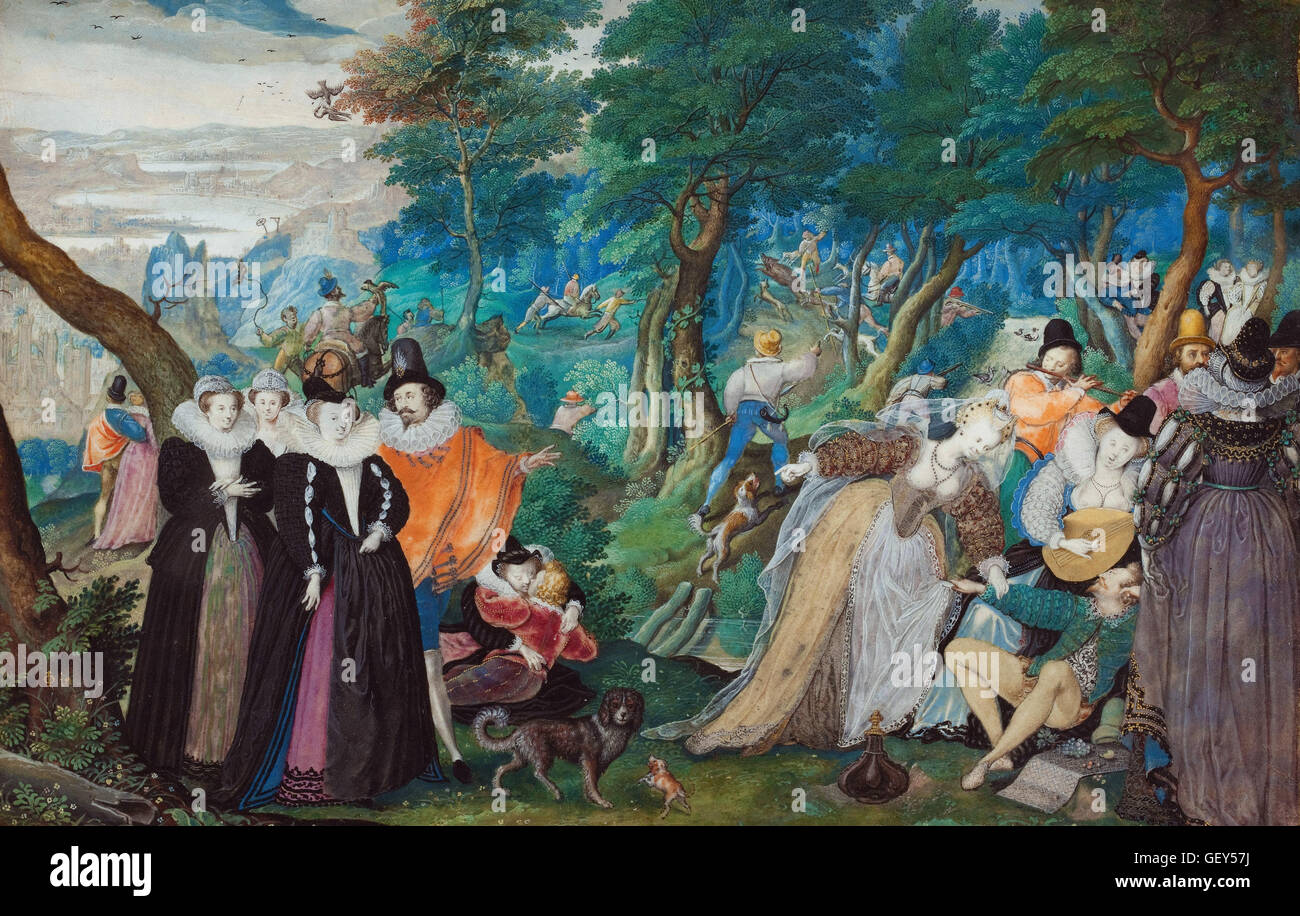 Isaac Oliver I - A Party in the Open Air. Allegory on Conjugal Love Stock Photo
