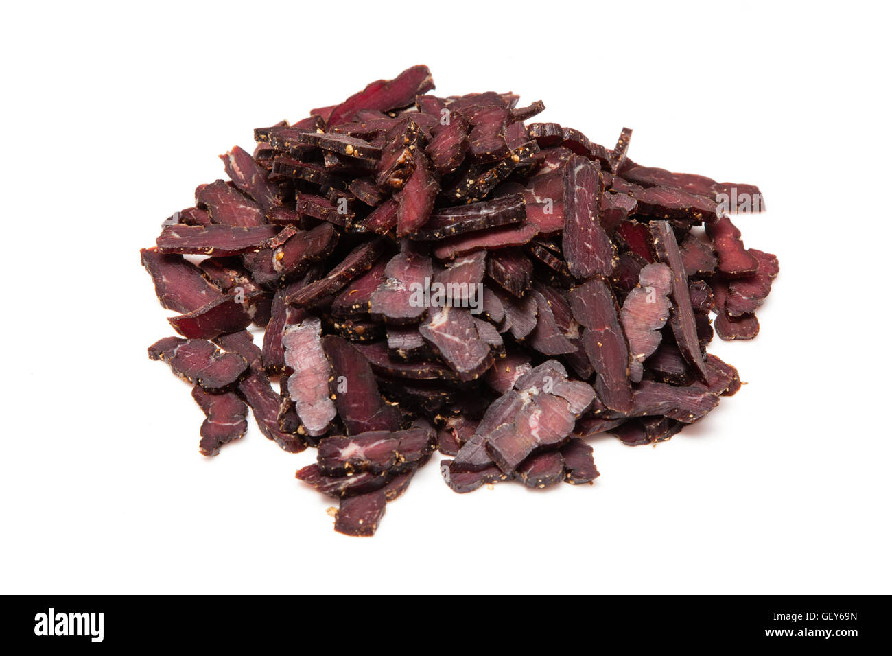 Sliced biltong, Biltong is a South African spiced beef jerky. Stock Photo