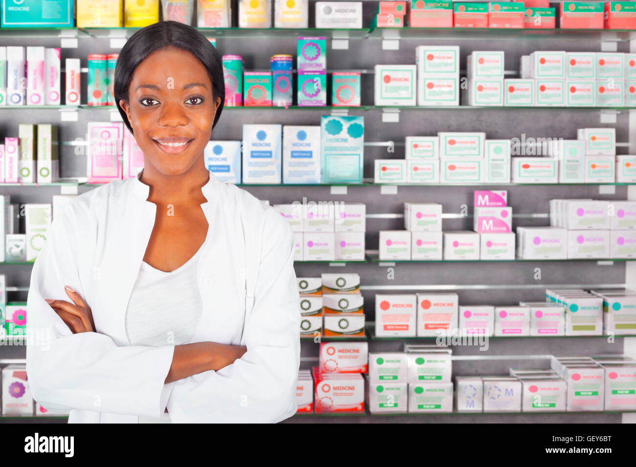 Young black pharmacist at pharmacy Stock Photo