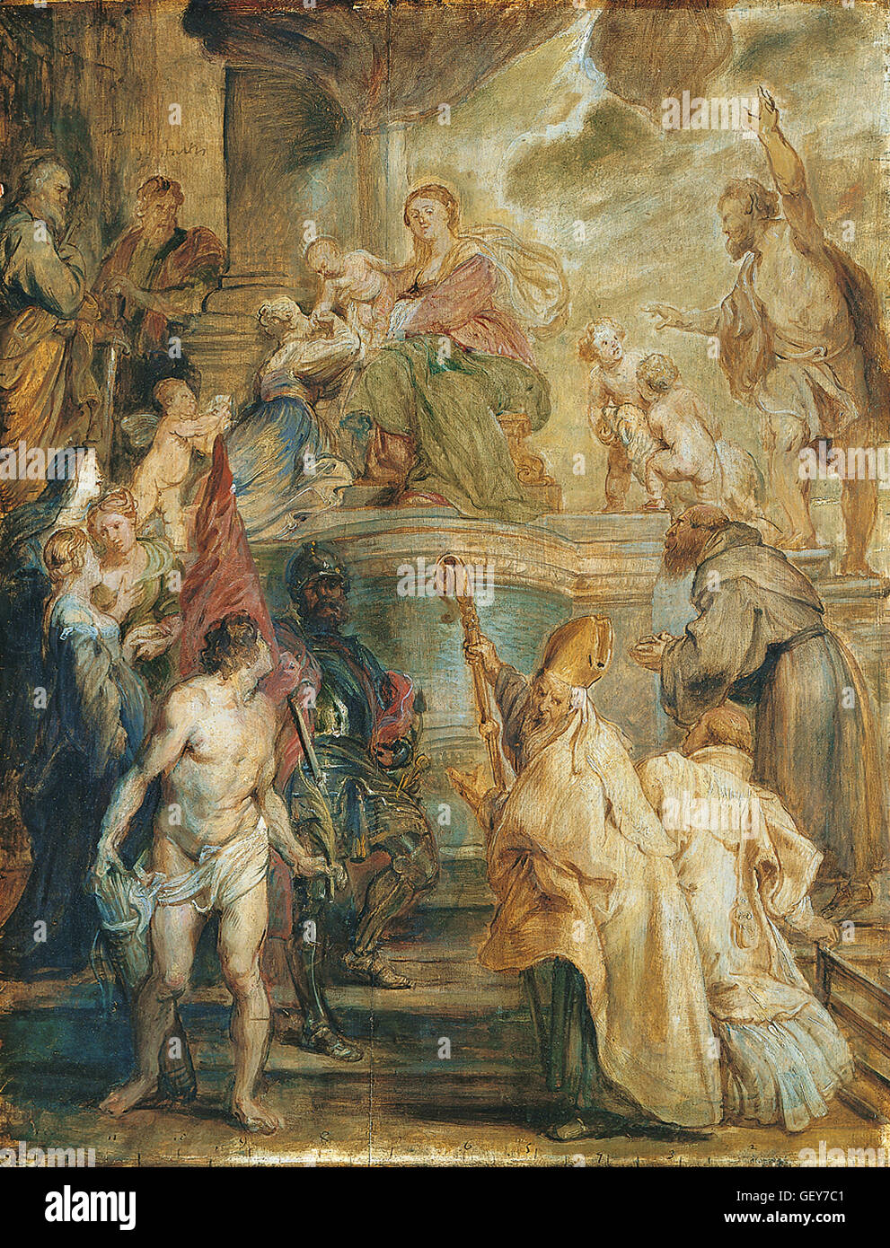 Peter Paul Rubens - The mystical marriage of St. Catherine (Front of a double-sided painted Panel) Stock Photo