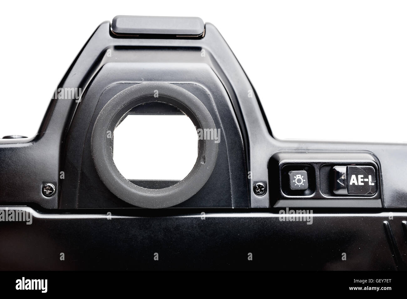 closeup viewfinder of vintage film camera Stock Photo