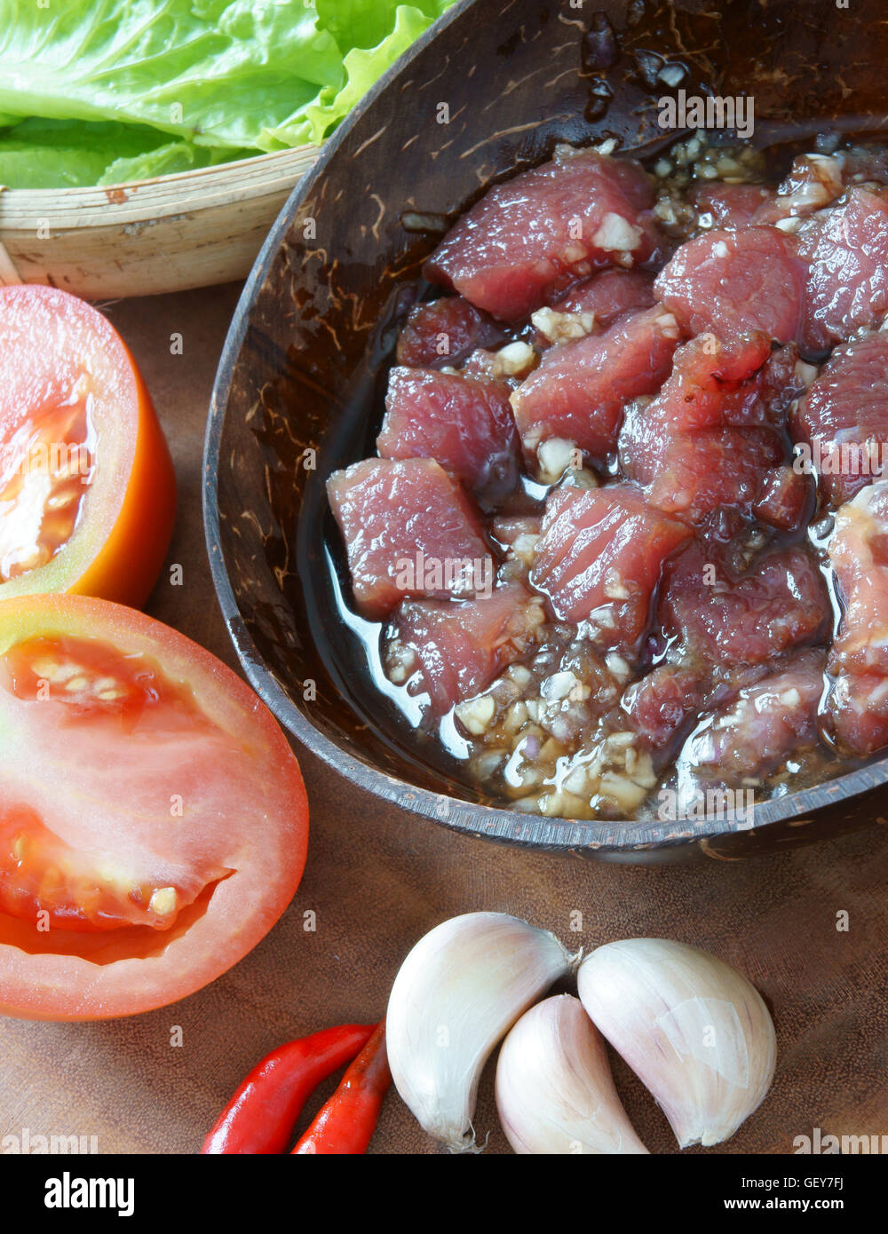 Vietnamese food, bo luc lac, nutrition and delicious eating, beef fry with spice, onion, garlic