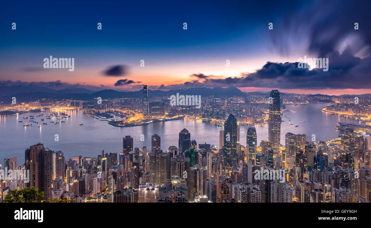 Hong Kong city view from peak at dawn Stock Photo