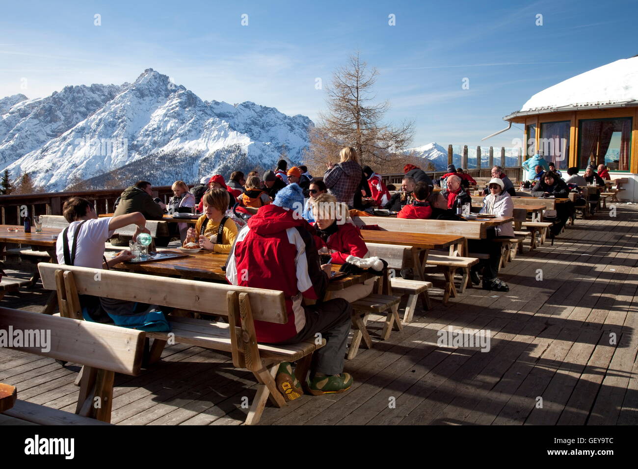 geography / travel, Italy, South Tyrol, Sextental (Sexten Valley), Vierschach, natural preserve Sexten Dolomites, Helm 2433m, Helm restaurant, Stock Photo
