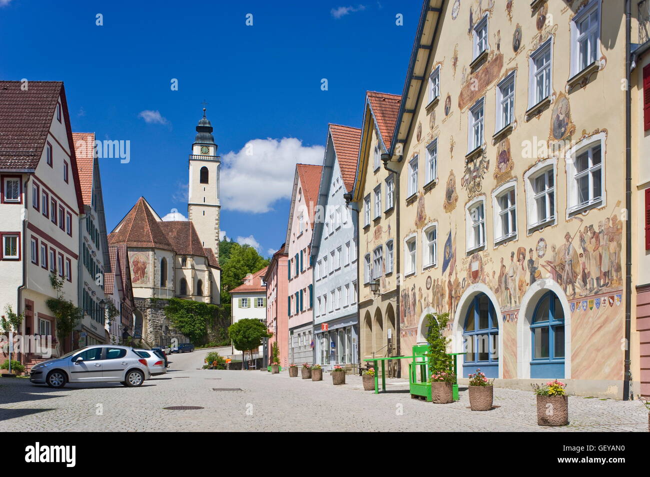 geography / travel, Germany, Baden-Wuerttemberg, Horb am Neckar, marketplace with city hall 'Horber Bilderbogen' (Horb pictorial broadsheet) and collegiate church, Stock Photo
