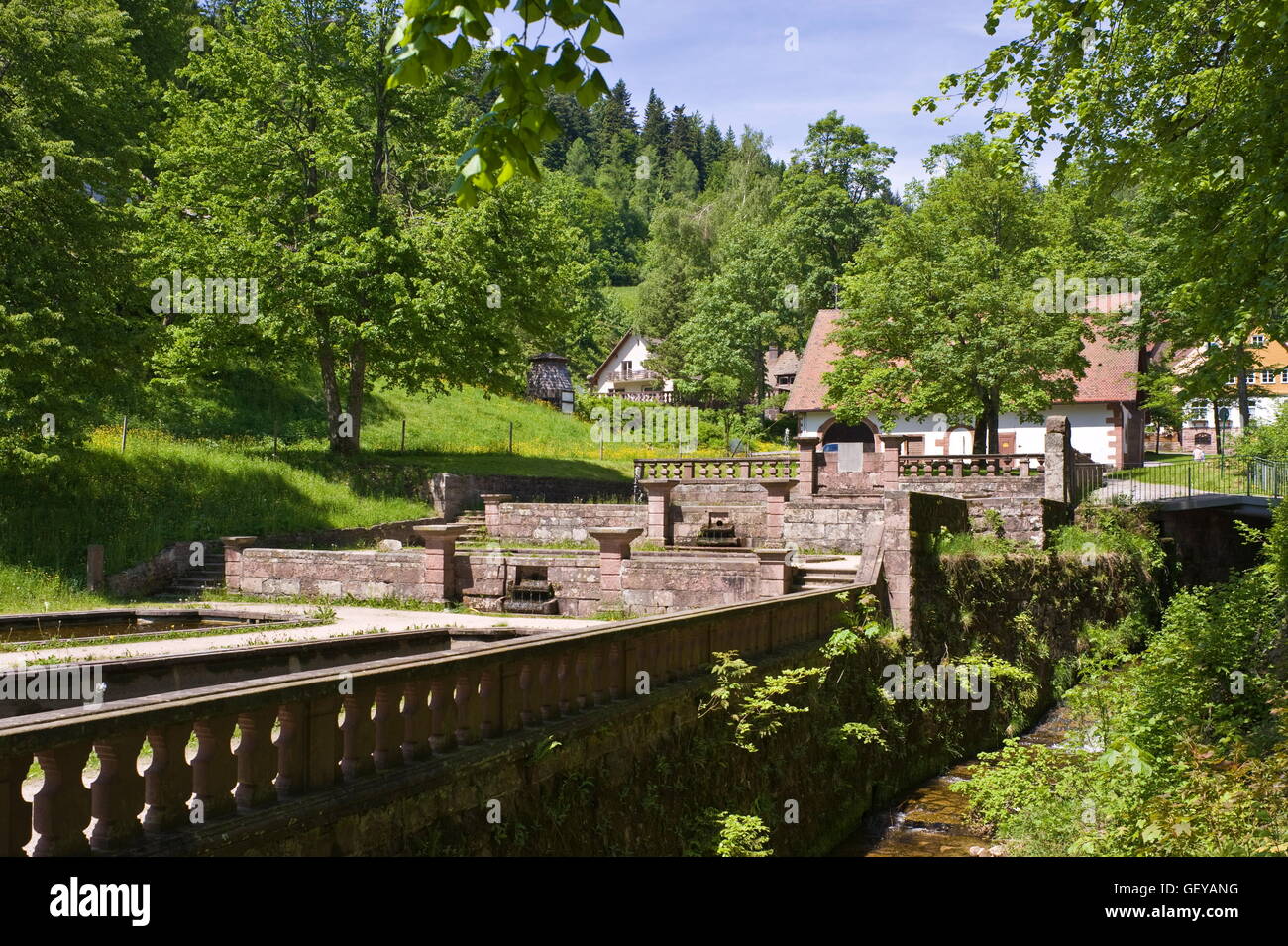 geography / travel, Germany, Baden-Wuerttemberg, Oppenau, ruined abbey Allerheiligen fountain in guest garden, Stock Photo