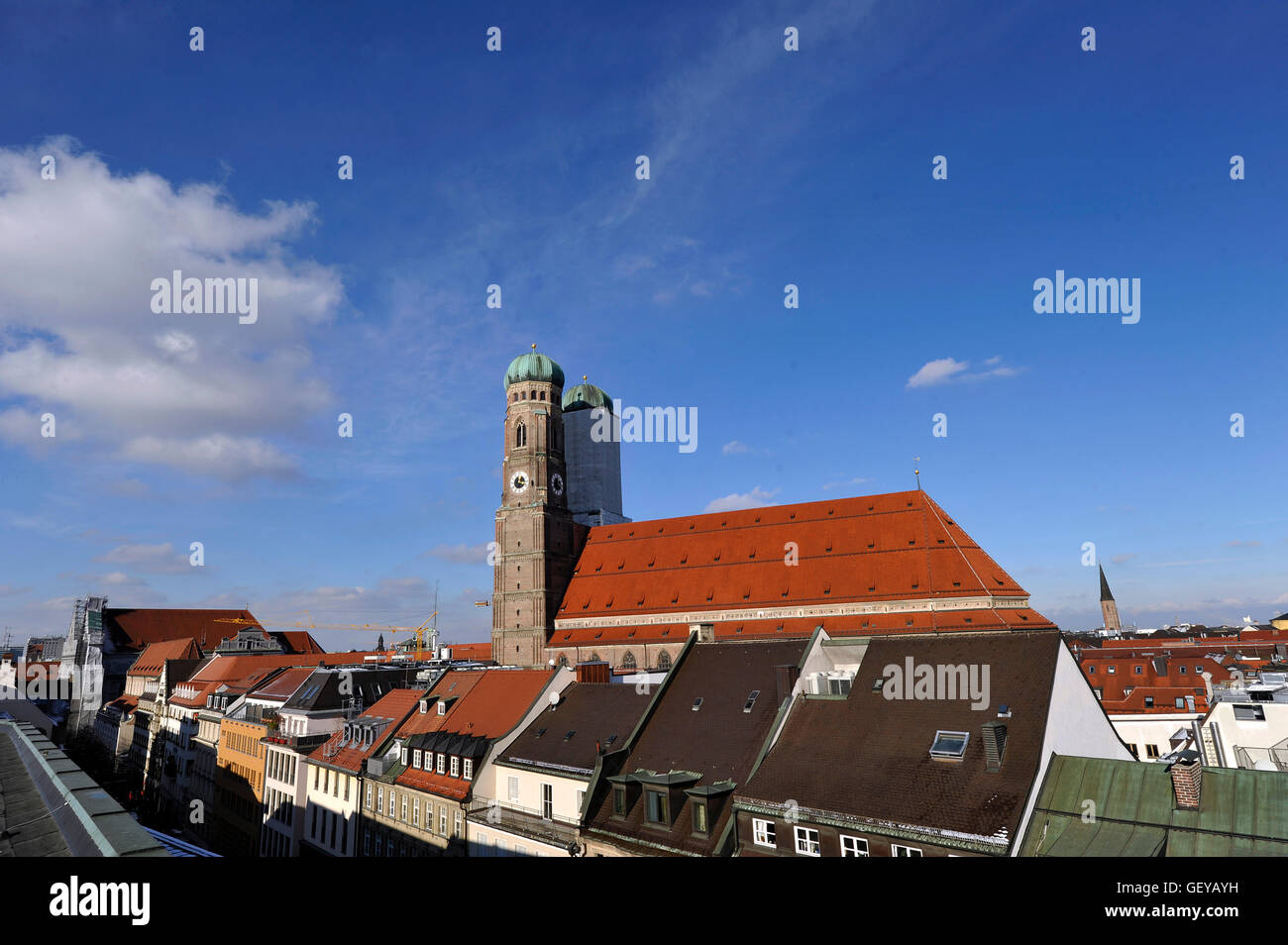 geography / travel, Germany, Bavaria, Munich, church, Frauenkirche (Church of Our Lady), build: 1494 , in foreground houses of the Kaufinger Strasse, Stock Photo