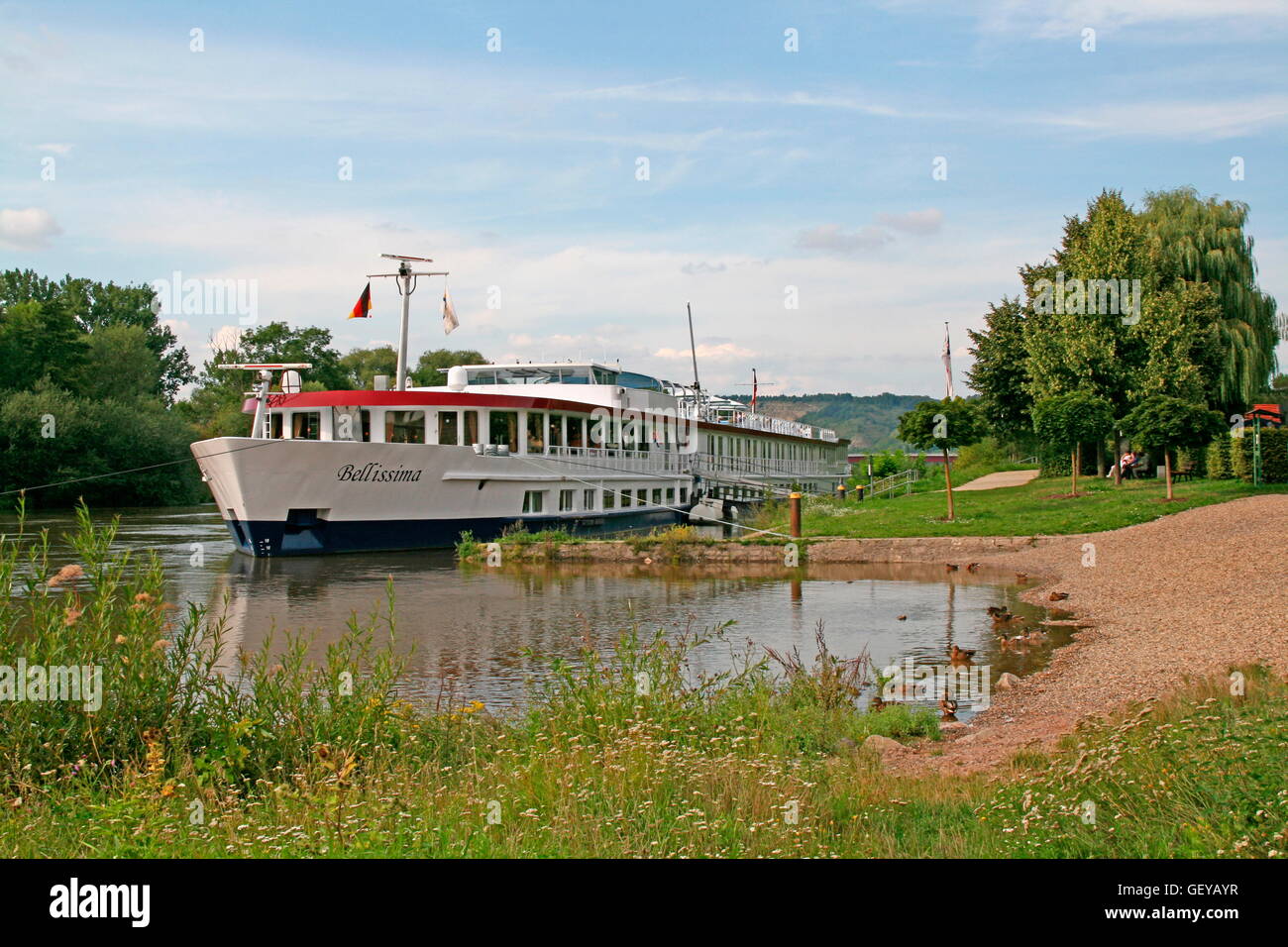 geography / travel, Germany, Bavaria, Karlstadt on the Main, landing stage, cruiser, Stock Photo