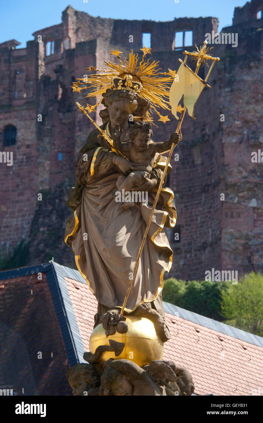 geography / travel, Germany, Baden-Wuerttemberg, Madonna fountain at Kornmarkt, Heidelberg, Neckar, Electoral Palatinate, Stock Photo