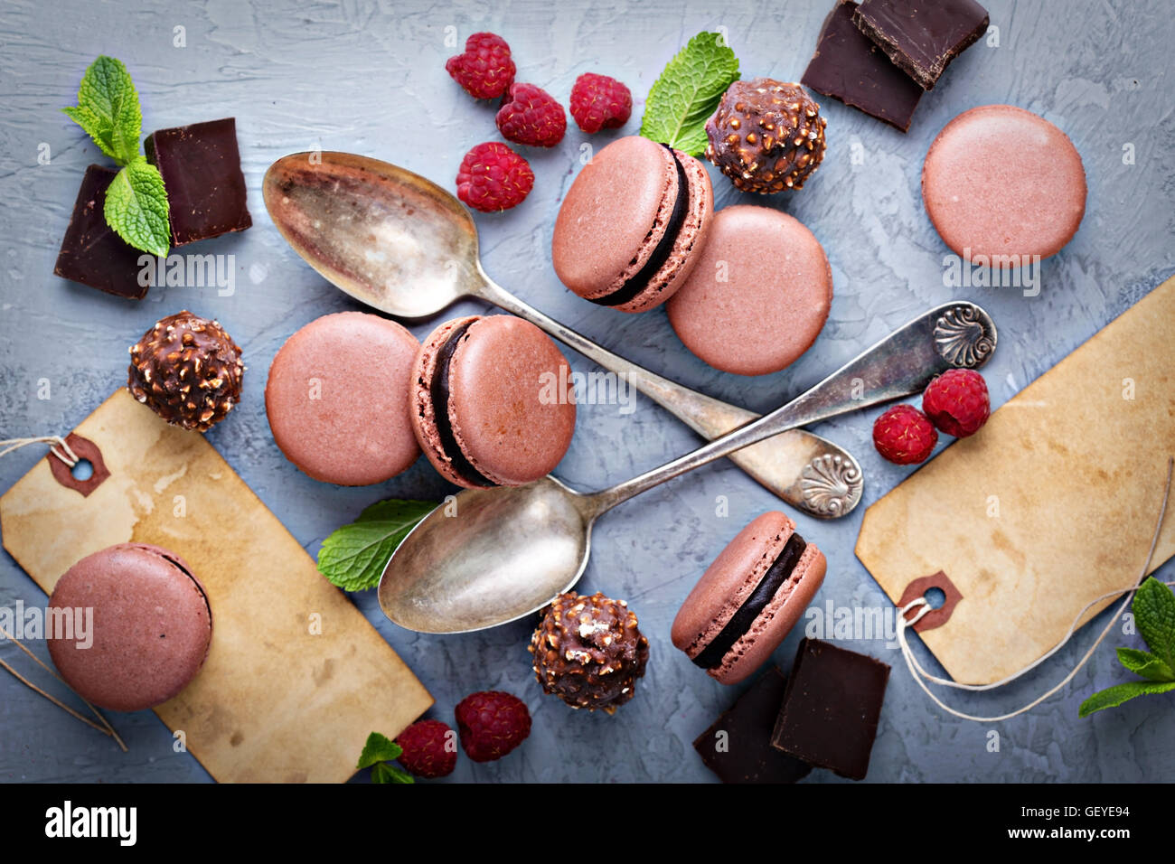 Chocolate french macarons with ganache filling Stock Photo Alamy