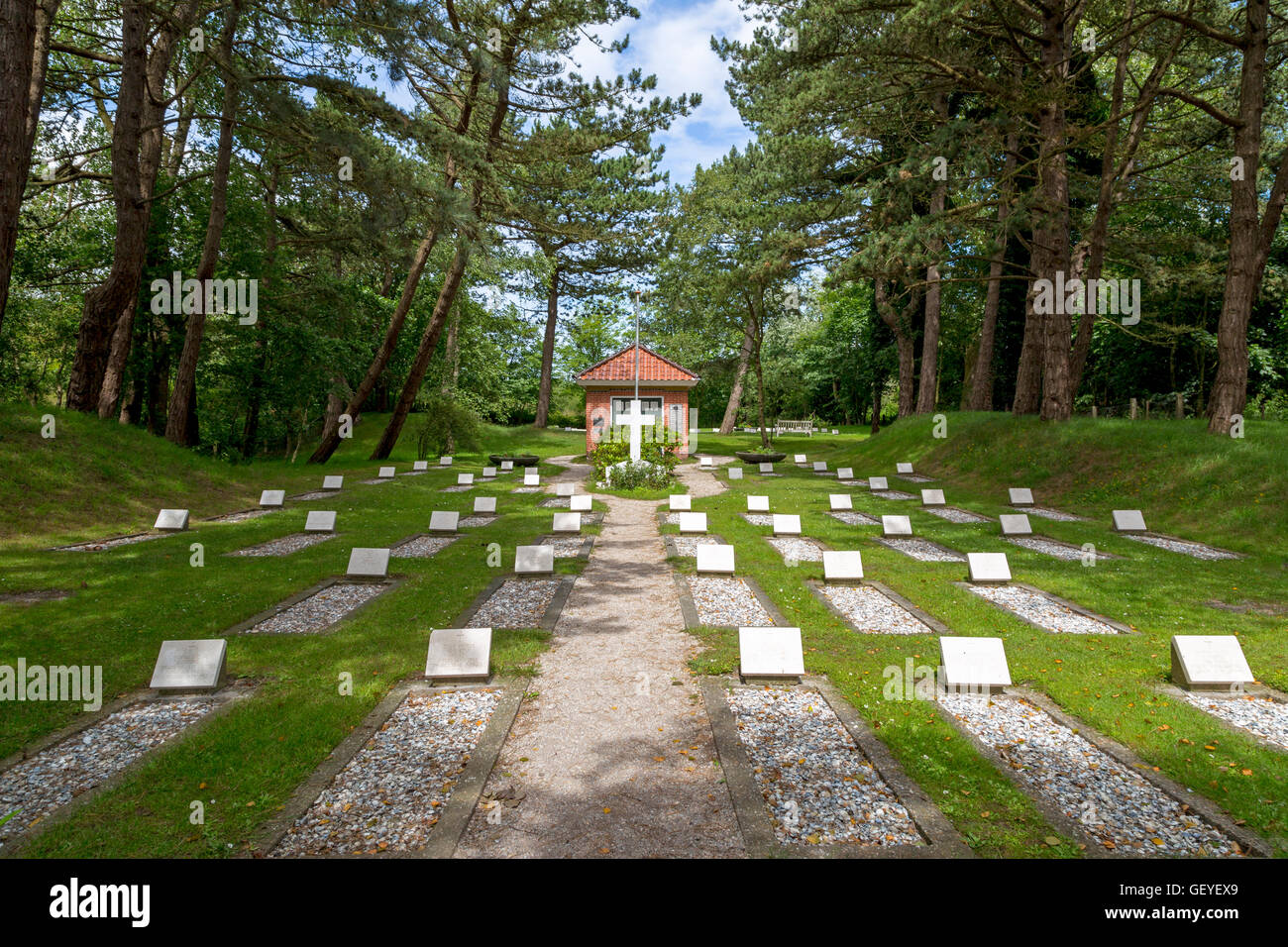 Vredenhof Cemetery- graves of soldiers, sailors, pilots, who drowned during WWI & WWII, Schiermonnikoog, Friesland, Netherlands. Stock Photo