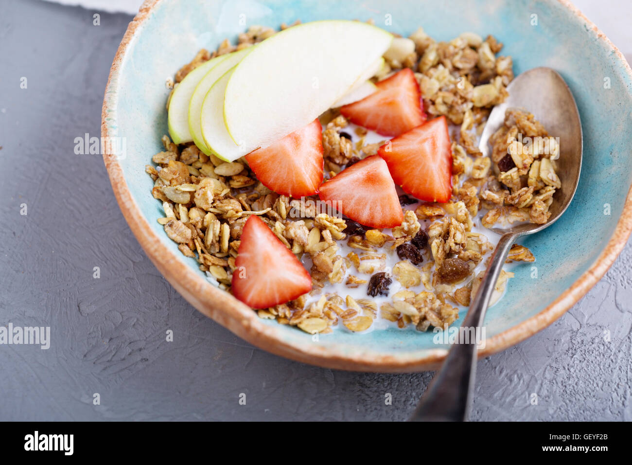 Homemade granola with milk for breakfast Stock Photo