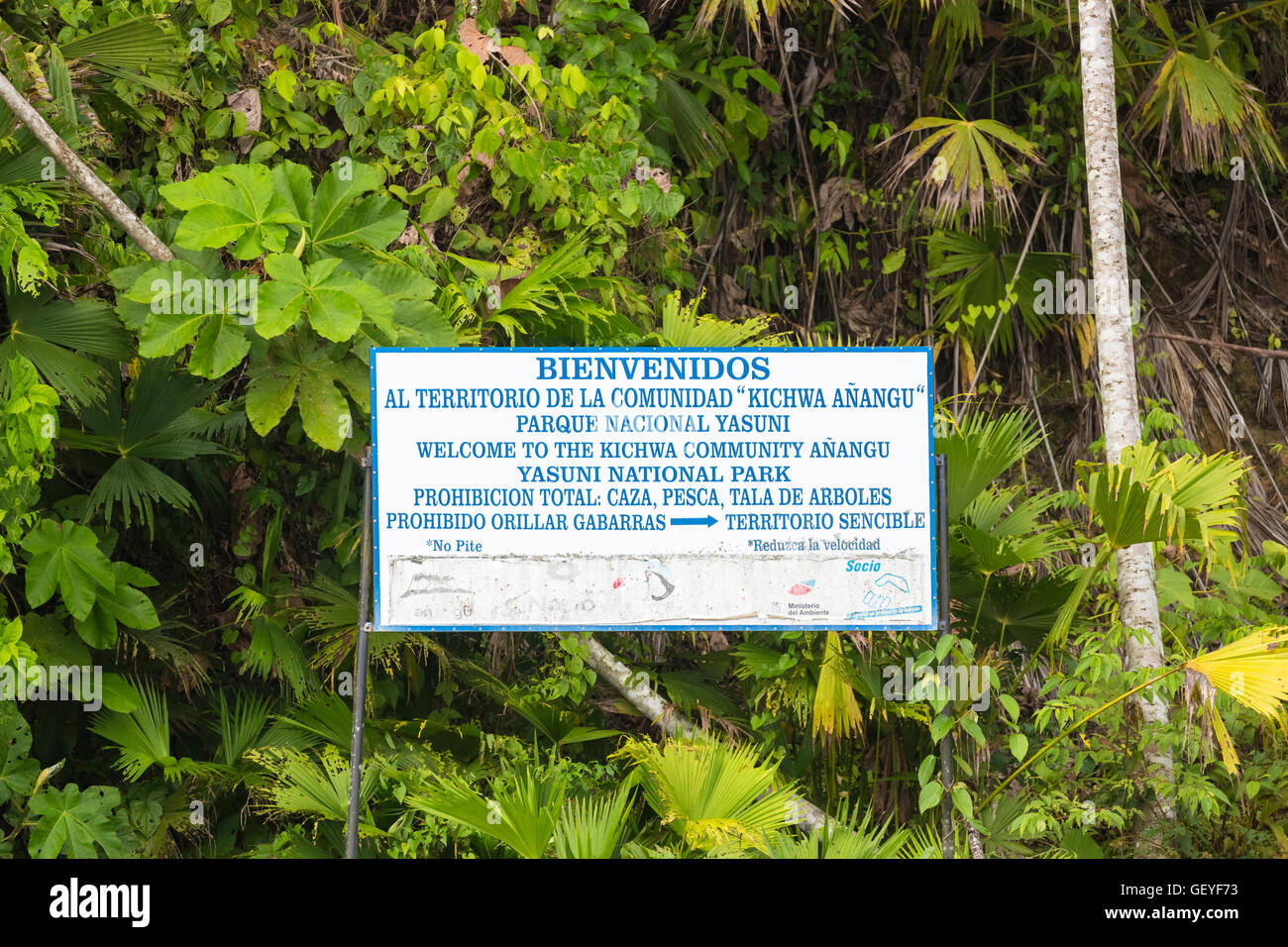 Welcome sign at the Yasuni National Park on the Napo River, a tributary of the Amazon, Ecuador, South America Stock Photo