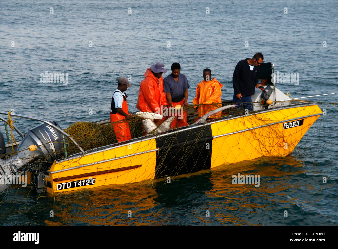 Natal Sharks Board staff attending shark nett, Durban, KwaZuluNatal
