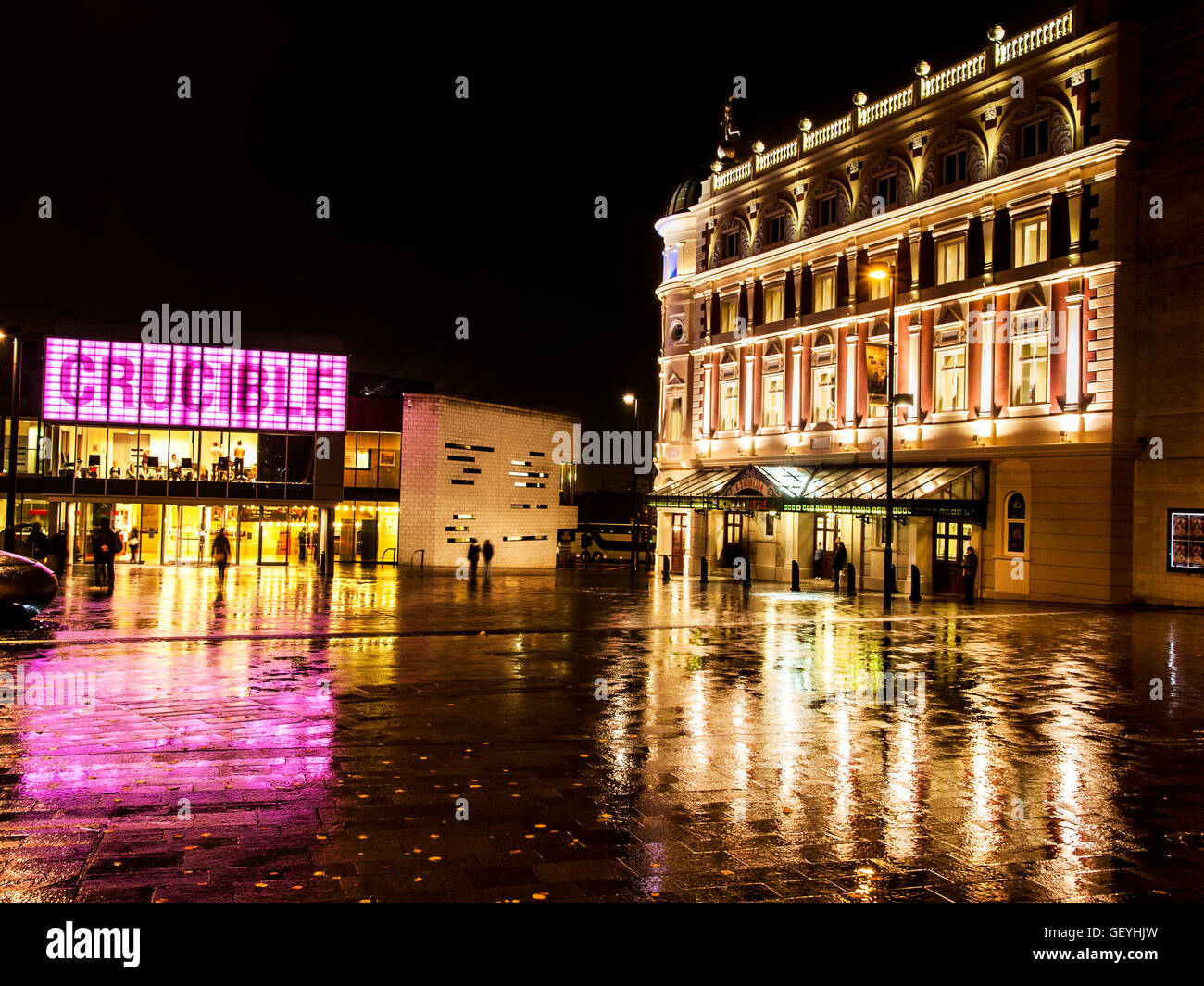 Sheffield Theaters at night The Crucible and Lyceum Theaters Tudor Square Sheffield Stock Photo