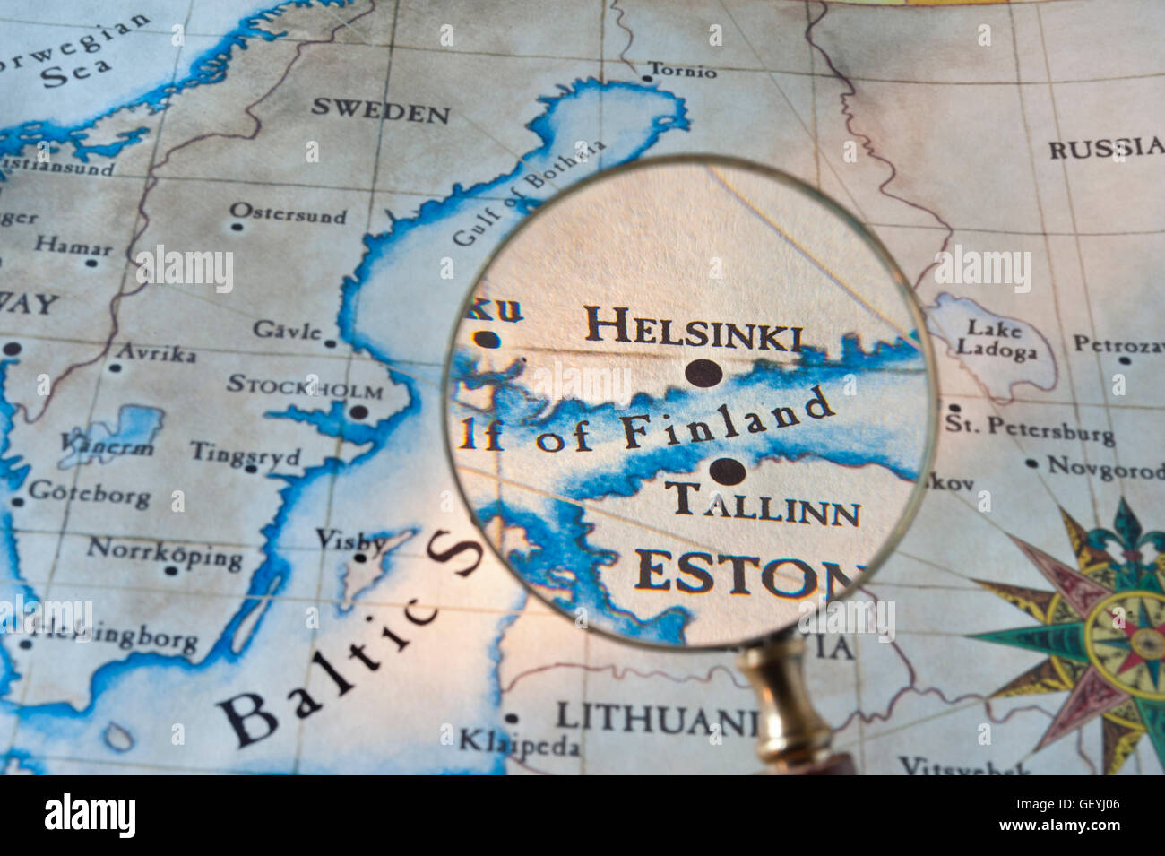 TALLINN Old style map with magnifying glass over Gulf of Finland featuring Helsinki & Tallinn with Baltic Sea Sweden & Eastern Europe Stock Photo