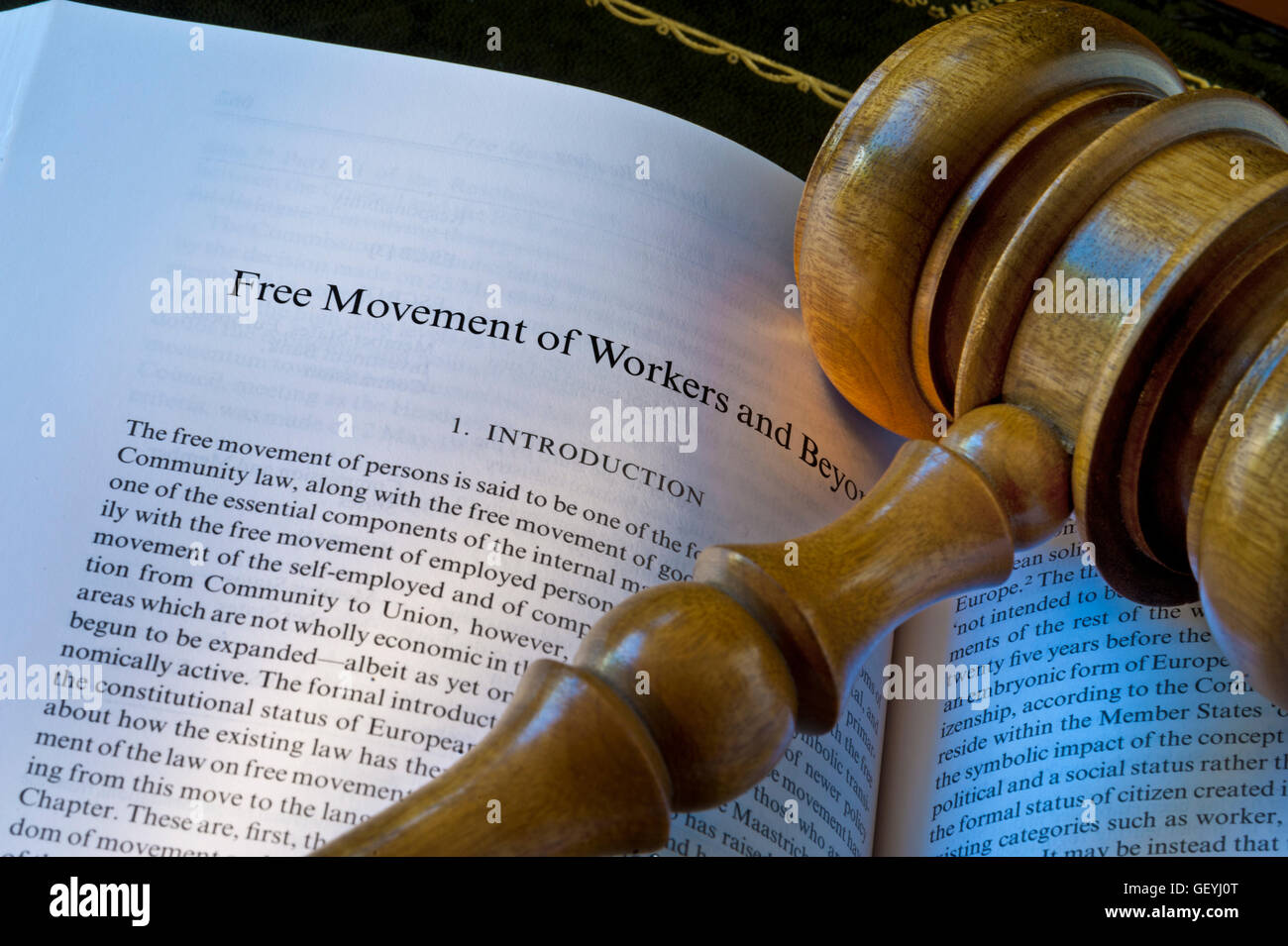 BREXIT Concept image of open EU reference Law book on desk with judges gavel on page reference to 'Free movement of workers and beyond' Stock Photo