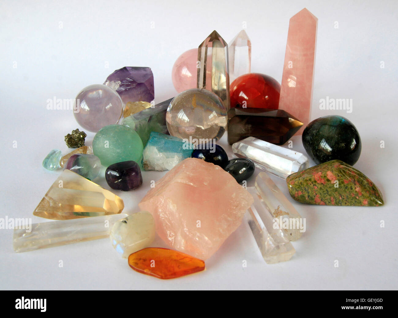 Collection of crystals and gems of different colours, shapes and sizes
