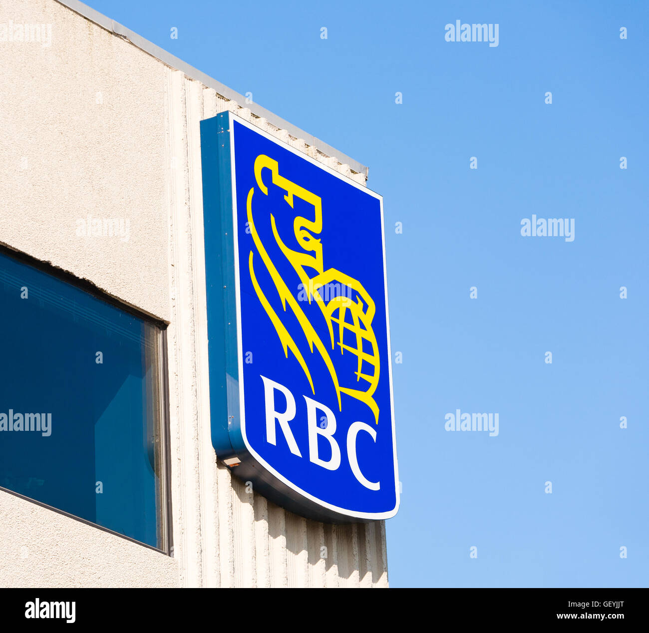 BURNSIDE, CANADA - JUNE 26, 2016: RBC sign on office building. The Royal Bank of Canada, or RBC, is Canada's largest bank. Stock Photo