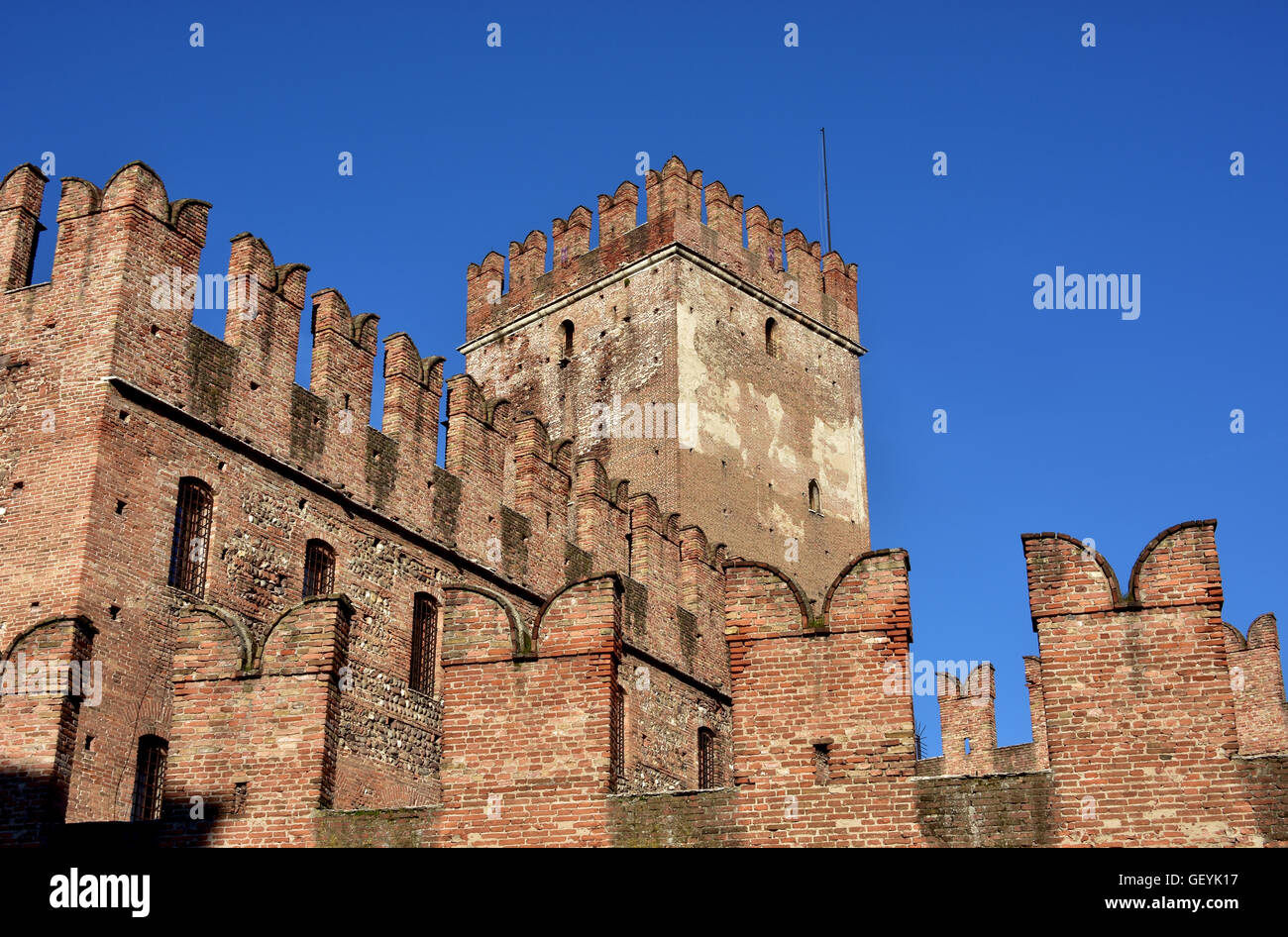 Castelvecchio (Old Castle) keep with characteristic ghibelline battlements, one of the most famous landmarks in Verona Stock Photo