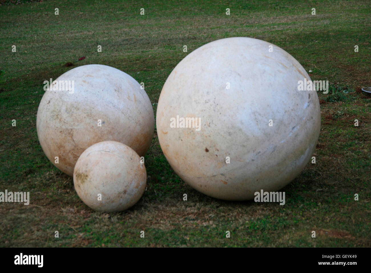 Concrete balls, three different sizes, White Light Healing Centre, Muldersdrift, Johannesburg, Gauteng Stock Photo