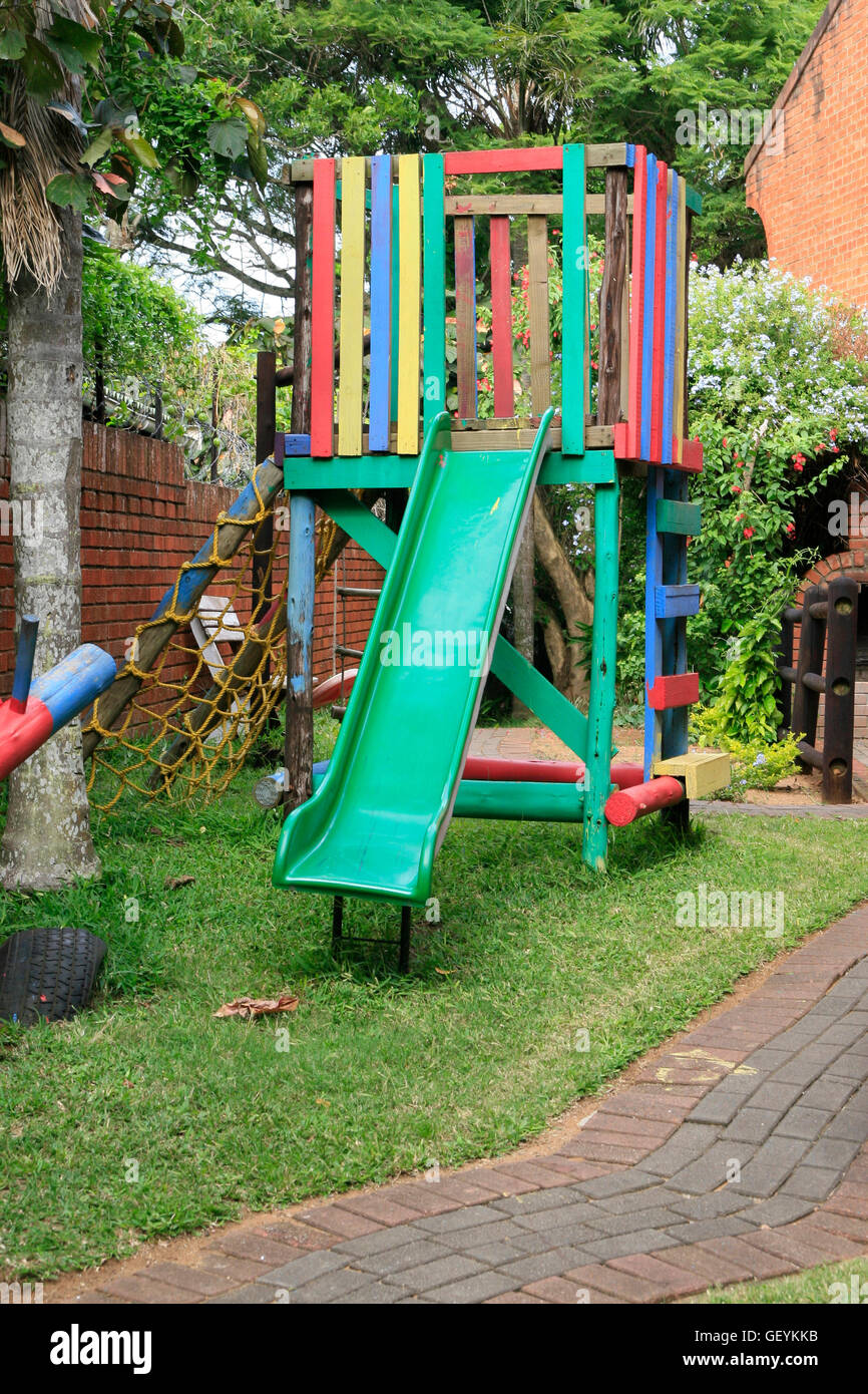 Miniature jungle gym with slide at Perna Perna self-catering Resort, St Lucia, KwaZulu Natal, South Africa. 17/03/2011. Stock Photo